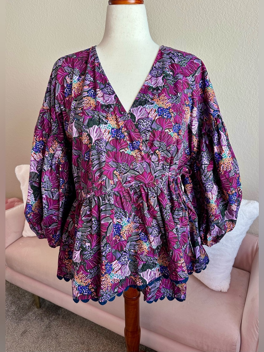 Kika Vargas x Target Top Purple Floral Balloon Sleeve Wrap Tie Blouse Size 1X